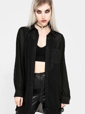 Disturbia Obscura Mini Shirt Dress-Black Sheer Pleated Button-Down